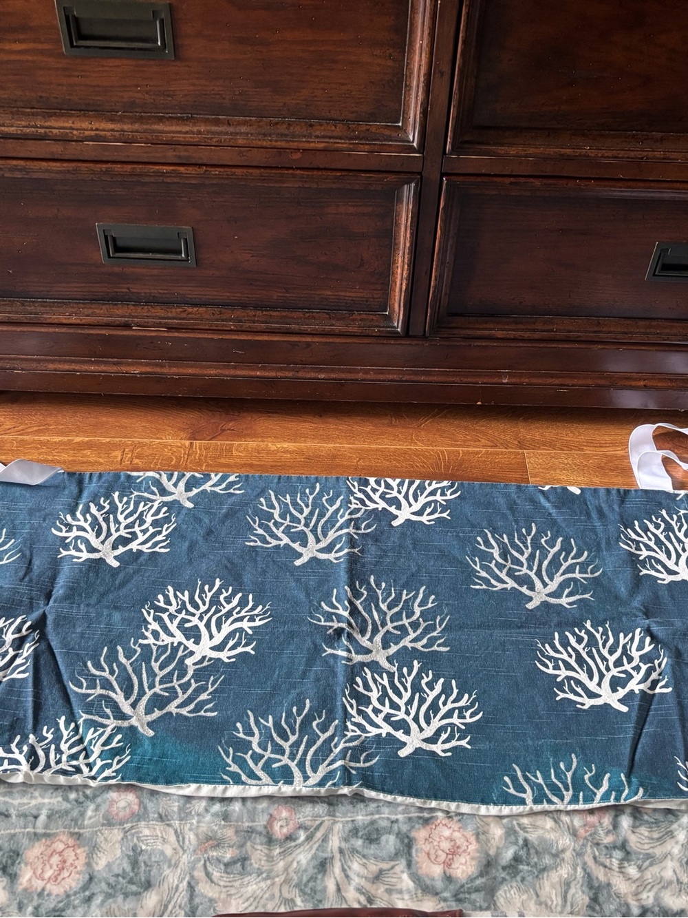 LF Navy Blue Curtain Panel with White Coral Motif ribbon  valance